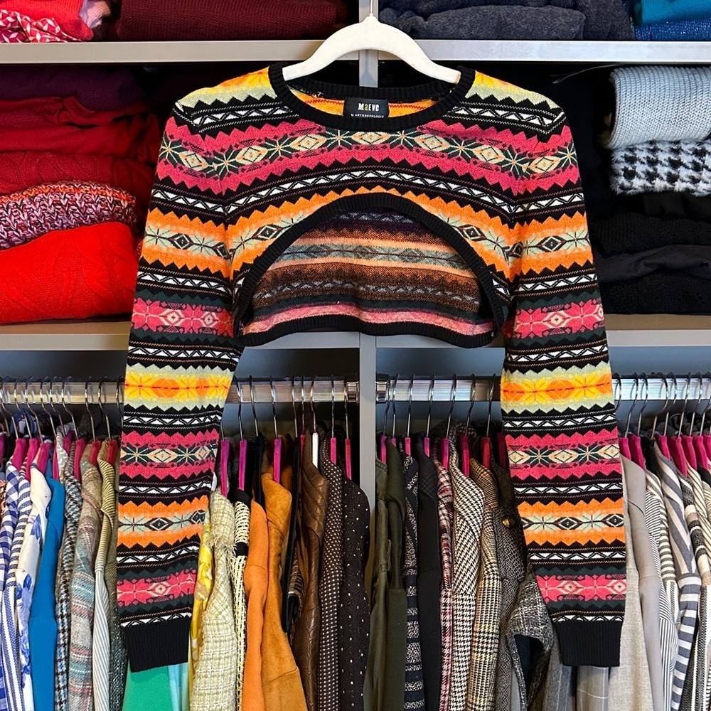 Maeve black/multicolored fair isle long sleeve sweater shrug size S